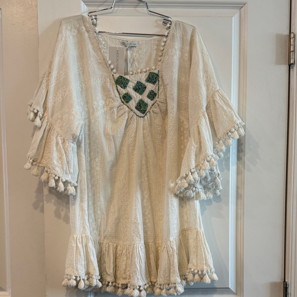 Beaded Ivory Pom-Pom Tunic Top